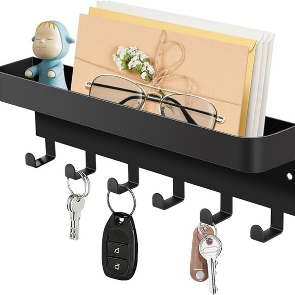 New Magnetic Metal Key Rack with Shelf, 6 Hooks, 2 Installation Options - Picture 1 of 7